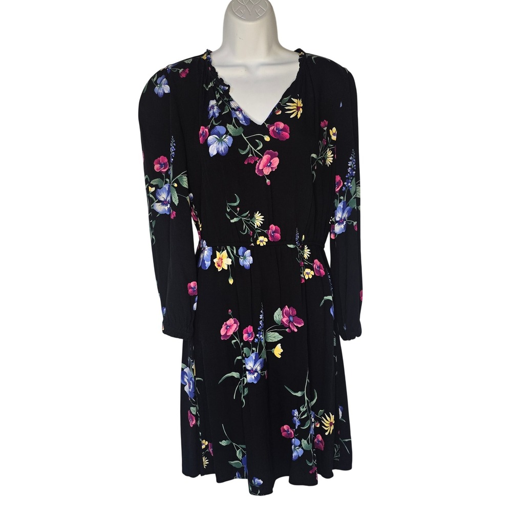 Old Navy LS Ruffle Coll Mini Dress Women S Black‎ Floral Rayon Cottagecore Boho